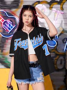 SHEIN 青少年女孩字母圖案條紋飾邊棒球領落肩袖襯衫 - 黑色 - 查看 6