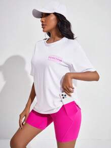 Easithlete 字母圖案落肩袖運動T恤和運動短褲 - 彩色 - 查看 5