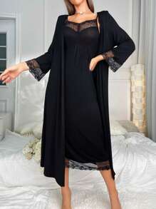 Contrast Lace Cami Nightdress & Robe - Black - View 1