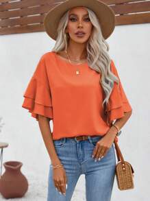 Breezaya 素色荷葉袖襯衫 - 亮橙色 - 查看 3