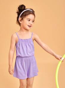 SHEIN Toddler Girls 100% Cotton Solid Cami Romper - Lilac Purple - View 4