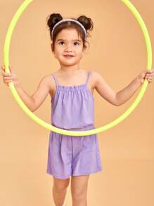 SHEIN Toddler Girls 100% Cotton Solid Cami Romper - Lilac Purple - View 5