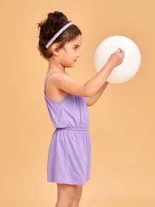 SHEIN Toddler Girls 100% Cotton Solid Cami Romper - Lilac Purple - View 6