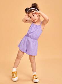 SHEIN Toddler Girls 100% Cotton Solid Cami Romper - Lilac Purple - View 7