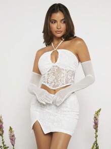 SHEINNeu Lace Halter Top & Bodycon Skirt Without Arm Sleeves - White - View 5