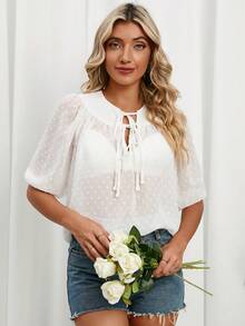 SHEIN LUNE Swiss Dot Tie Neck Blouse - White - View 3