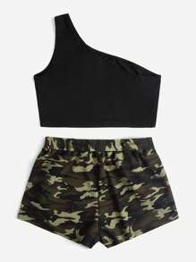 SHEIN EZwear Plus One Shoulder Crop Top & Camo Print Belted Shorts - Multicolor - View 5