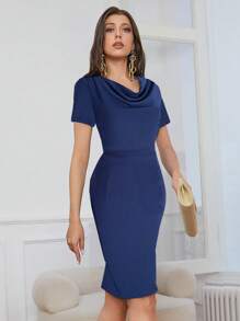 HOMEYEE Vestido ajustado escote drapeado - Azul Marino - Ver 1