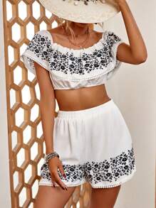 SHEIN VCAY 印花荷葉邊短款上衣和短褲 - 白色 - 查看 1