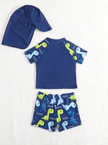 Baby Boy Dinosaur Printed Swimsuit Set, Top With Printed Pattern / Bottom With Random Pattern, With Swimming Cap