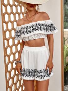 SHEIN VCAY 印花荷葉邊短款上衣和短褲 - 白色 - 查看 4