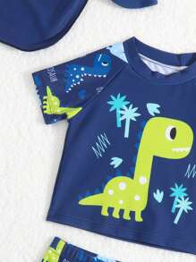 Baby Boy Dinosaur Printed Swimsuit Set, Top With Printed Pattern / Bottom With Random Pattern, With Swimming Cap