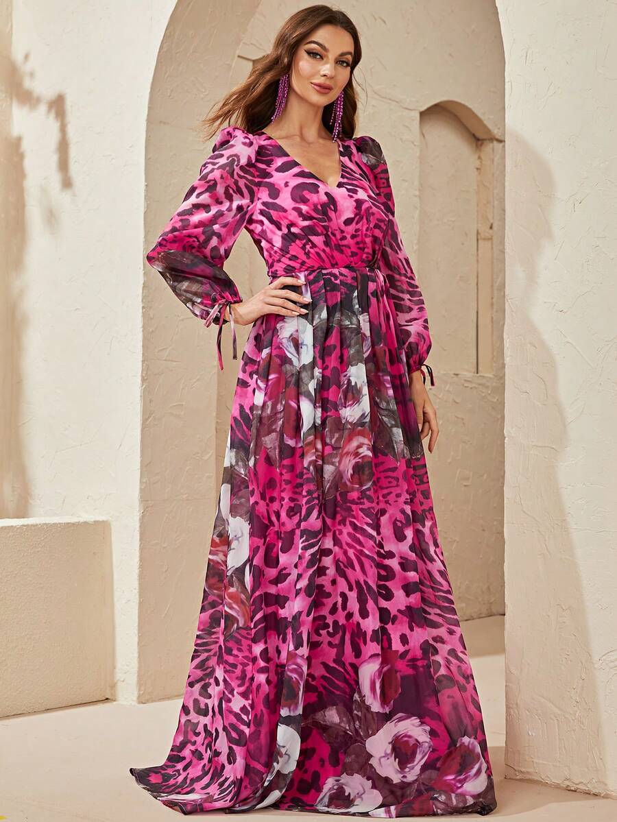 YISIKADO Leopard & Floral Print Dress - Hot Pink - View 1