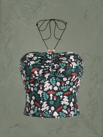 Inna Moreva Mushroom Print Ruched Halter Top