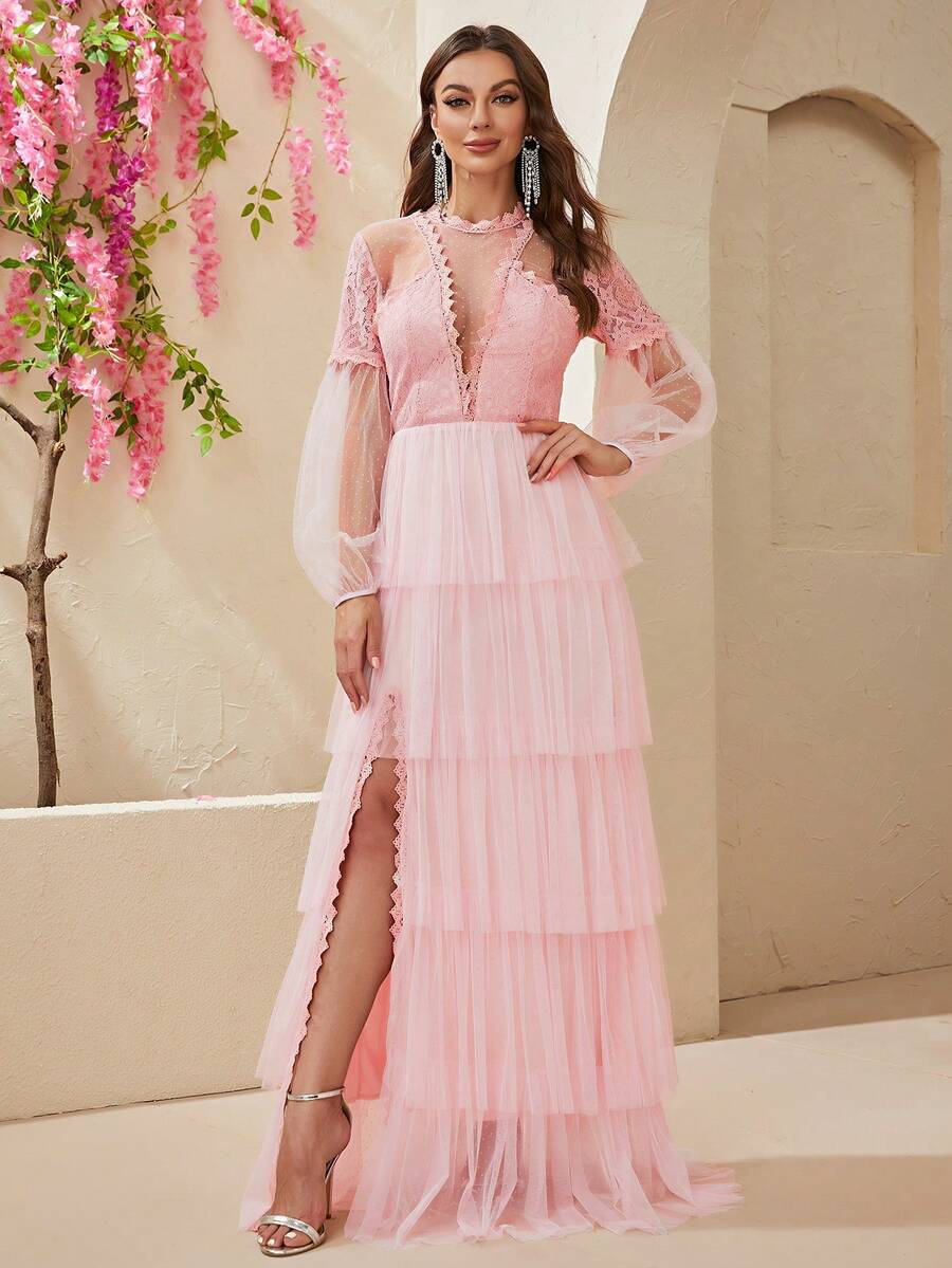 YISIKADO Đầm Tương phản ren Tương phản Mesh cắt Chia phân lớp Dây kéo màu trơn Thanh lịch - Hồng - Xem 1