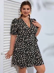 Dreamara 大碼雛菊印花泡泡袖側打結圍裹式連衣裙 - 彩色 - 查看 2