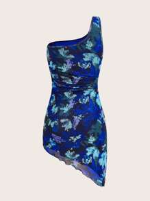 SHEIN ICON 紮染單肩側收褶不對稱下擺網紗緊身連衣裙 - 彩色 - 查看 7