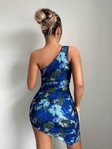 SHEIN ICON 紮染單肩側收褶不對稱下擺網紗緊身連衣裙 - 彩色 - 查看 5