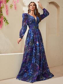 YISIKADO Allover Print Deep V Neck Lantern Sleeve Mesh Insert Dress - Multicolor - View 3