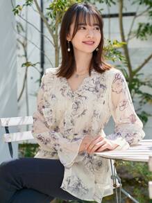 DAZY Floral Print Flounce Sleeve Ruffle Trim Peplum Blouse - Beige - View 2
