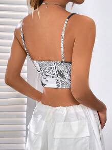 SHEIN EZwear Áo khoác và áo lót dành cho xe tăng nữ Bất đối xứng Lộ Lưng Lá thư Thực vật Giải trí - Đen và trắng - Xem 2