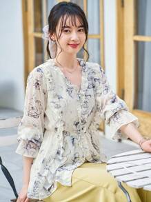 DAZY Floral Print Flounce Sleeve Ruffle Trim Peplum Blouse - Beige - View 6