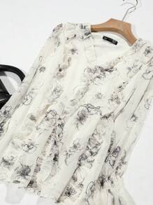 DAZY Floral Print Flounce Sleeve Ruffle Trim Peplum Blouse - Beige - View 7