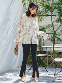 DAZY Floral Print Flounce Sleeve Ruffle Trim Peplum Blouse - Beige - View 8