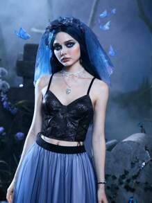 Corpse Bride | ROMWE 字母繫帶吊帶上衣 - 黑色 - 查看 1
