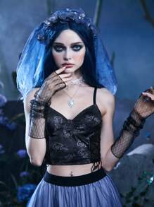 Corpse Bride | ROMWE 字母繫帶吊帶上衣 - 黑色 - 查看 3
