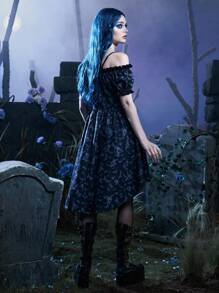 Corpse Bride | ROMWE Vestido estampado de cráneo de hombros descubiertos bajo irregular - Negro - Ver 2