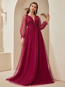 YISIKADO Appliques Mesh Overlay Flounce Sleeve Formal Dress