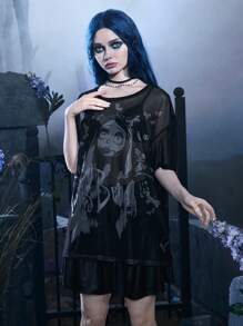 Corpse Bride | ROMWE Figure Graphic Drop Shoulder Mesh Top - Black - View 5