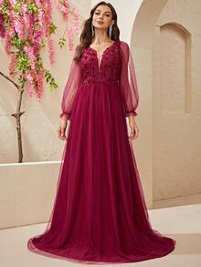 YISIKADO Appliques Mesh Overlay Flounce Sleeve Formal Dress