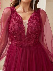 YISIKADO Appliques Mesh Overlay Flounce Sleeve Formal Dress