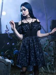 Corpse Bride | ROMWE Vestido estampado de cráneo de hombros descubiertos bajo irregular - Negro - Ver 6