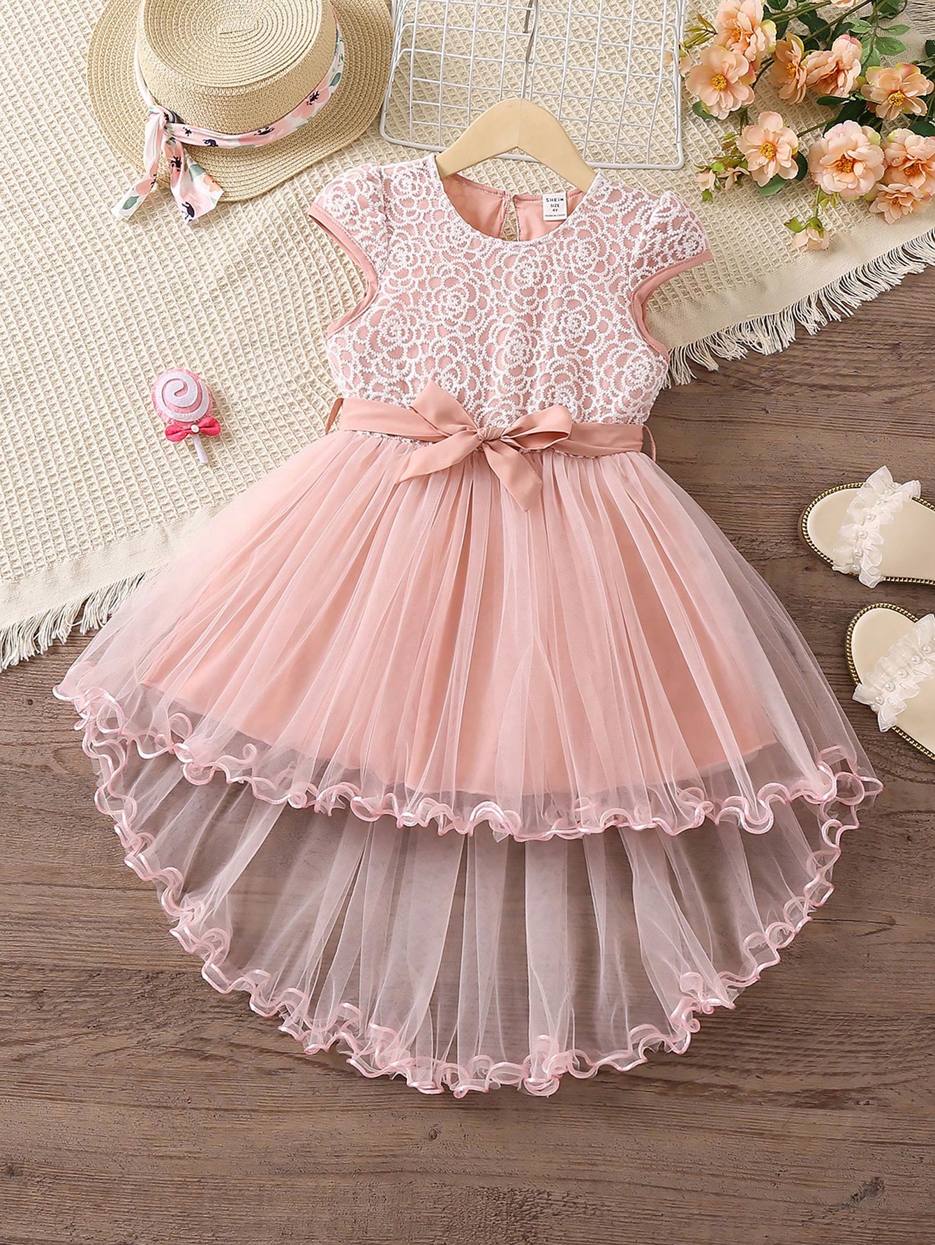 SHEIN Young Girl Light Pink Solid Color Romantic & Sweet Mesh Dress