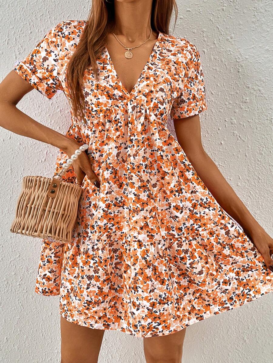SHEIN Frenchy Ditsy Floral Print Ruffle Hem Smock Dress - Orange - View 1