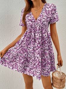 SHEIN Frenchy Vestido smock con estampado floral bajo con fruncido - Lila Púrpura - Ver 4