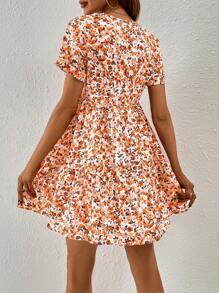 SHEIN Frenchy Ditsy Floral Print Ruffle Hem Smock Dress - Orange - View 2