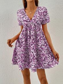 SHEIN Frenchy Vestido smock con estampado floral bajo con fruncido - Lila Púrpura - Ver 5