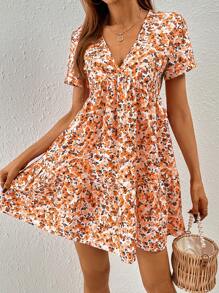 SHEIN Frenchy Ditsy Floral Print Ruffle Hem Smock Dress - Orange - View 3