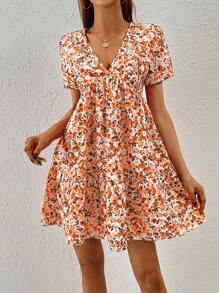 SHEIN Frenchy Ditsy Floral Print Ruffle Hem Smock Dress - Orange - View 6
