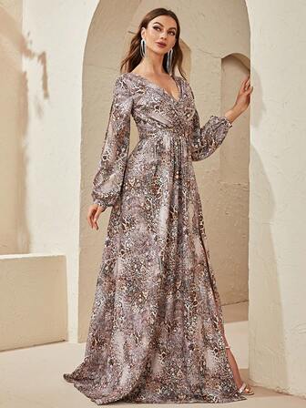 YISIKADO 豹紋印花燈籠袖高衩連衣裙