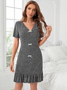 Vestido homewear con lazo delantero bajo con fruncido - Gris Oscuro - Ver 4
