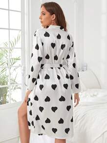 Bata con cinturón con estampado de corazón - Blanco y Negro - Ver 2
