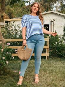 SHEIN LUNE Áo thun Plus size Sọc Giải trí - Xanh và trắng - Xem 6