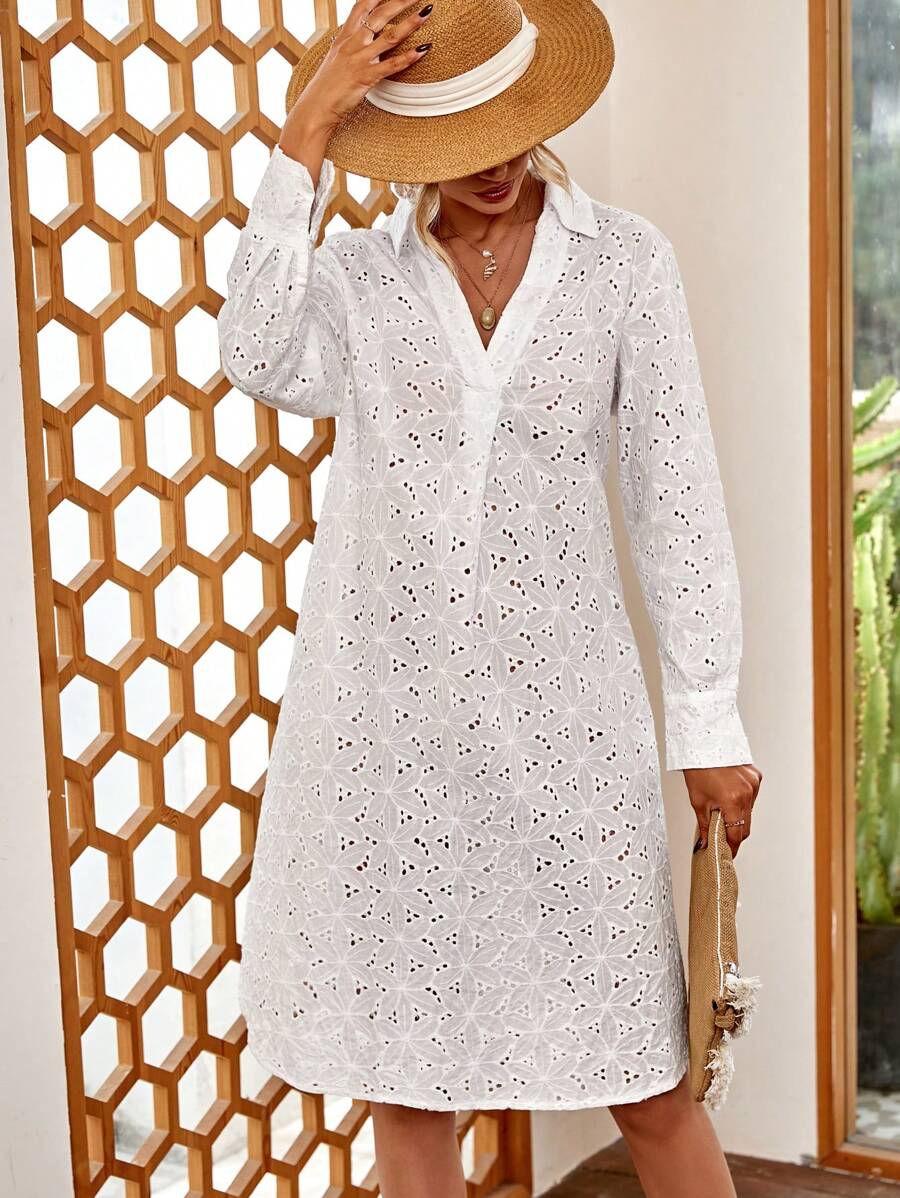 SHEIN VCAY 網眼刺繡弧形下擺襯衫連衣裙