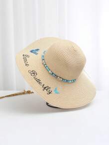 1 Mũ chống nắng thêu hình con bướm dành cho nữ, lý tưởng để mặc hàng ngày và chụp ảnh trên bãi biển - Màu be - Xem 1