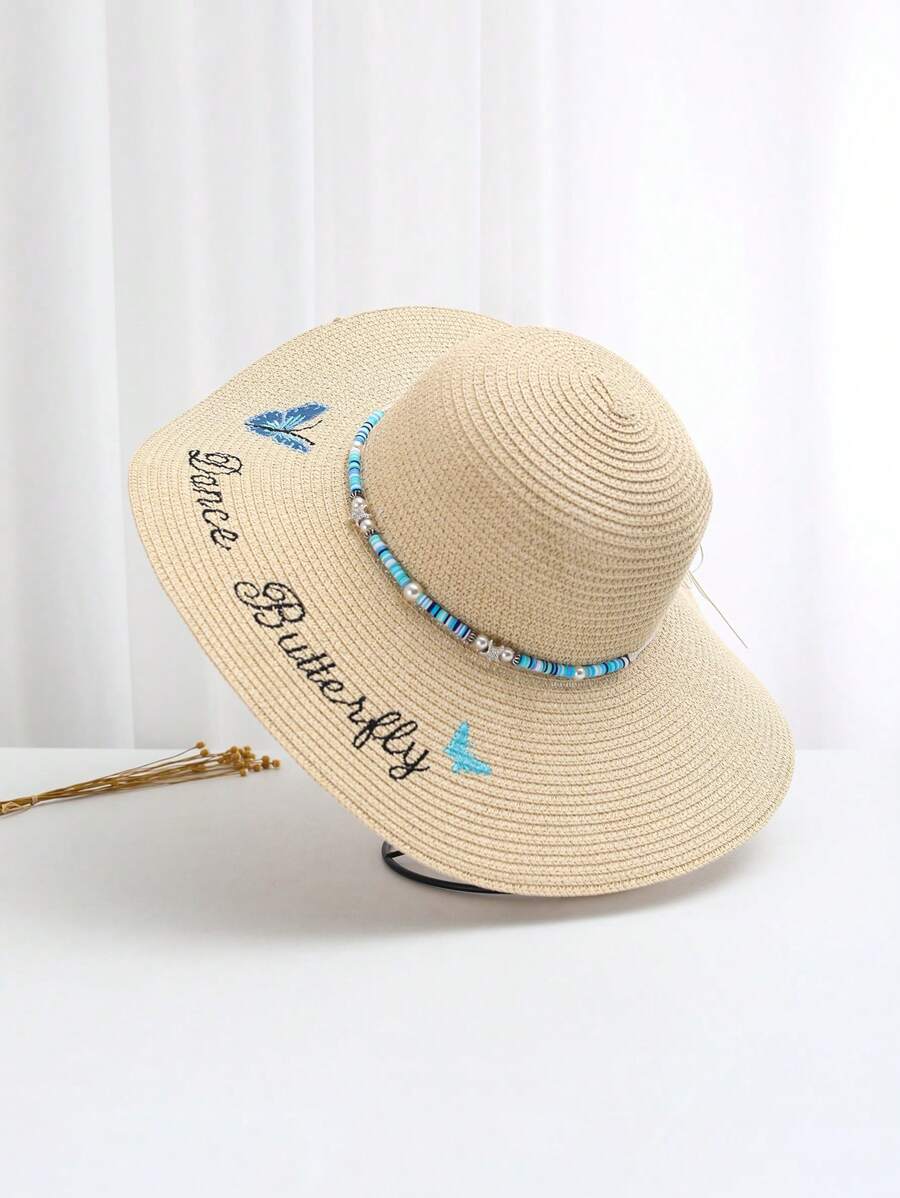 1 Mũ chống nắng thêu hình con bướm dành cho nữ, lý tưởng để mặc hàng ngày và chụp ảnh trên bãi biển - Màu be - Xem 1